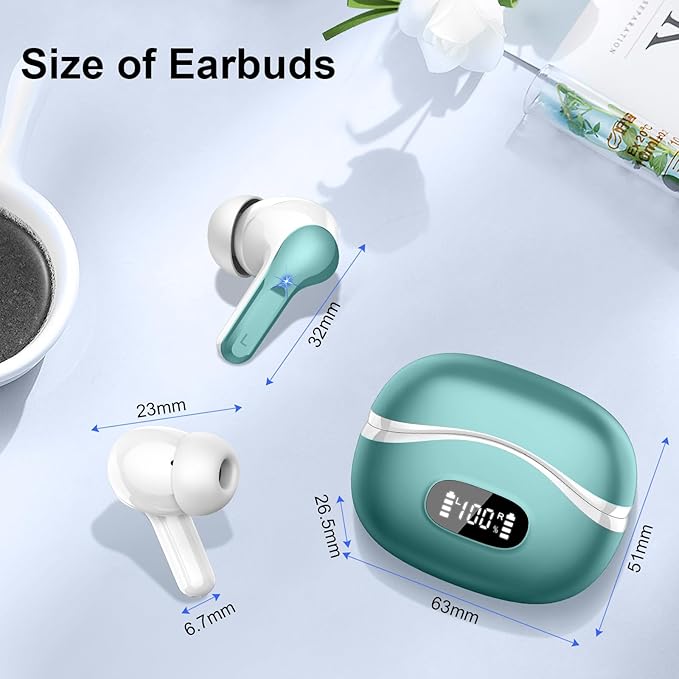 Wireless Earbuds, Bluetooth Headphones 5.4 HiFi Stereo, Ear Buds with 4 ENC Noise Cancelling Mics, 48H Bluetooth Earbuds with Dual LED Display, IP7 Waterproof in Ear Earphones for Android iOS, Cyan