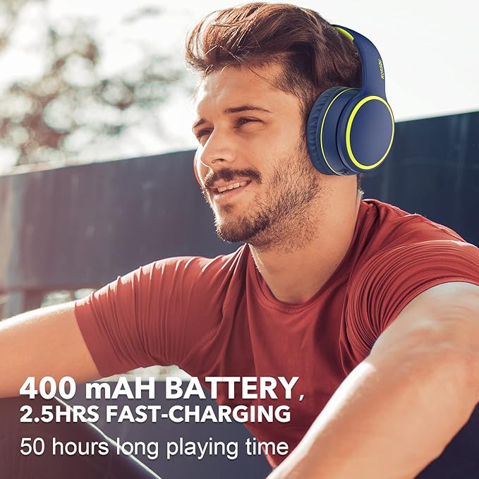 RORSOU B10 Wireless Bluetooth Over-Ear Headphones, Lightweight Folding Stereo Bass Headset with Mic, 50H Playtime, Volume Control, Bluetooth 5.3 Headphones for iPad/Travel/Tablet/PC (Blue)