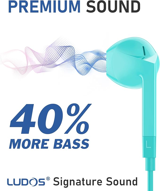 LUDOS FEROX Wired Earbuds in-Ear Headphones, 5 Years Warranty, Earphones with Microphone, Noise Isolation Corded for 3.5mm Jack Ear Buds for iPhone, Samsung, Laptop, Kids, School Students - Turquoise