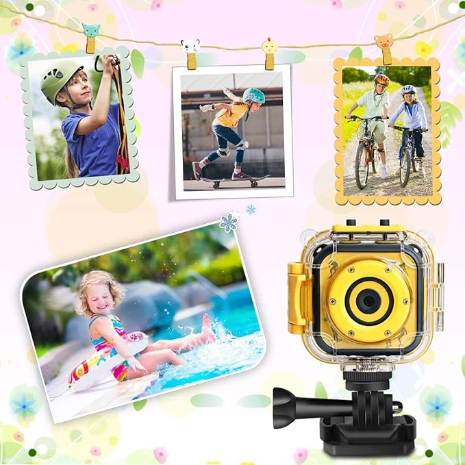 PROGRACE Kids Waterproof Camera - 3 4 5 6 7 8 9 10 Year Old Girl Birthday 1080P HD Underwater Video Camera for Kids Pool Toys Toddler Digital Cameras with 32GB Card Yellow