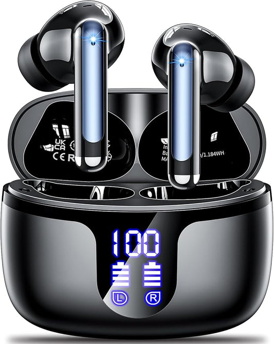 S48 wireless earbuds Headphones bluetooth 5.4 42h Duration Playback for running/fitness/office use. Equipped with 4 noise cancelling microphones, IPX6 waterproof and LDE battery display screen