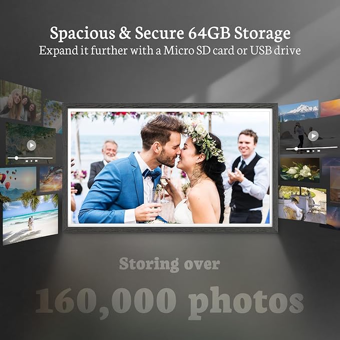 BSIMB 32 Inch Large Digital Picture Frame, Touchscreen 64GB 1920x1080 FHD WiFi Photo Frame Electronic Display Remote Control, Share Pictures/Videos via App/USB/SD Easy Setup Gifts for Mom, Black Wood