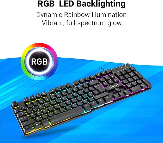 MANHATTAN RGB LED USB Gaming Keyboard - Full Size, Rainbow Backlight, Spill-Resistant, Quiet Keystrokes, 12 Multimedia Function Keys, for Computer, PC, Desktop, Gamer – 3 Yr Mfg Warranty - 180603