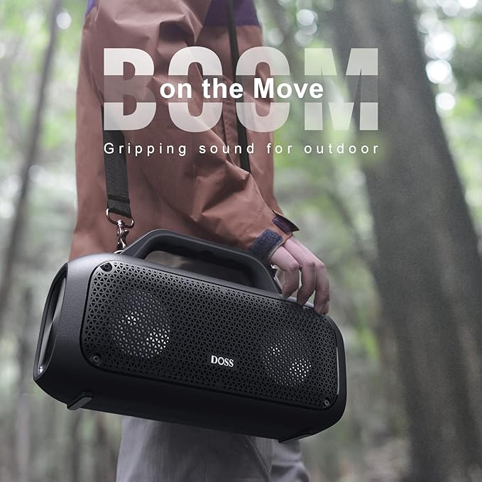DOSS Extreme Boom Outdoor Bluetooth Speaker with 60W Mighty Sound, Deep Bass, 30H Playtime,10400mAh Power Bank, BT 5.3, IPX6 Waterproof, Portable Strap for Camping, Pool, Beach, Garage, Work