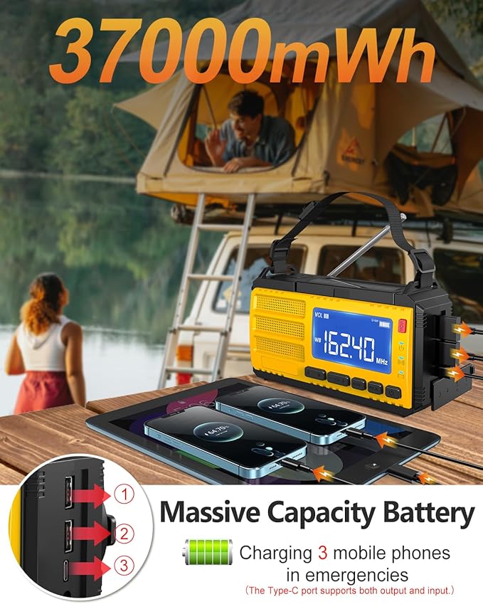 10000mAh Emergency Hand Crank Radio, AM/FM/NOAA Weather Alert, Solar Powered, 4 Charging Methods, 3-Mode Flashlight, Reading Lamp, SOS Alarm, Phone Charger, Orange