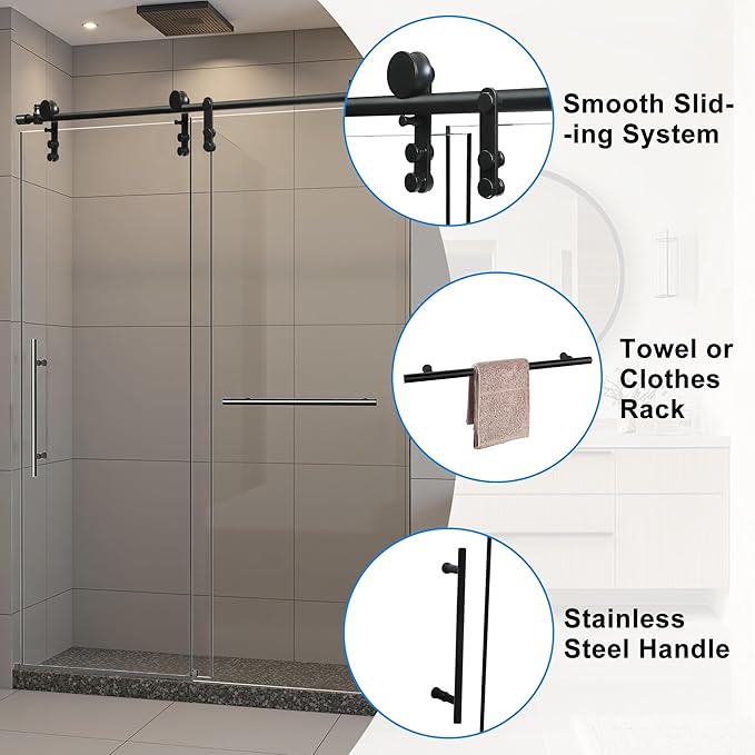 50-54" W x 76" H Frameless Shower Door Bathroom Sliding Shower Door 5/16"(8mm) Thick Tempered Glass Shower Door with Double Stainless Steel Handles for Walk-in Shower, Matte Black