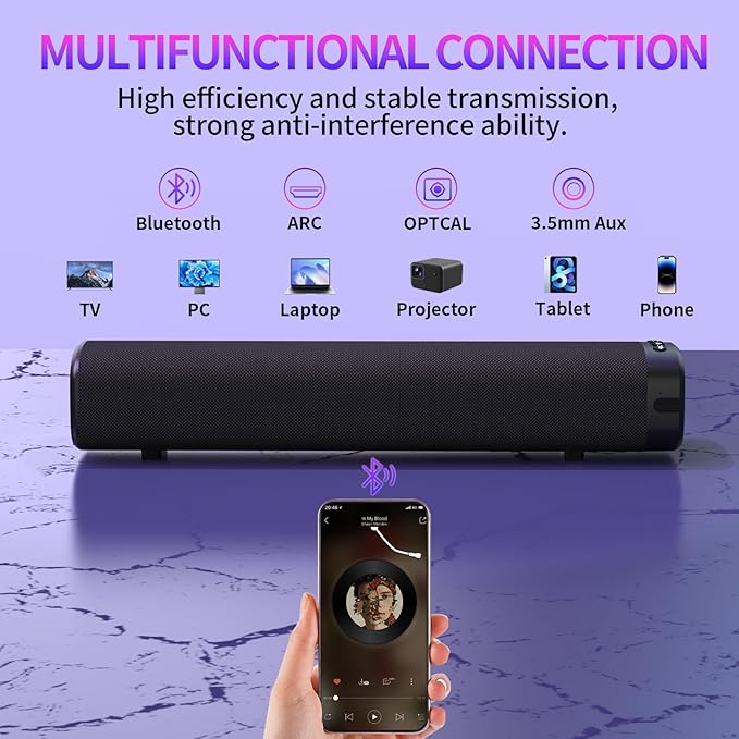 Sound Bar for Smart TV, Bluetooth Sound bar for TV with Optical/AUX/HD ARC, 50w Surround Sound Speakers, Surround Sound System for TV/PC/Gaming/Projectors, Wall Mountable PC Soundbar