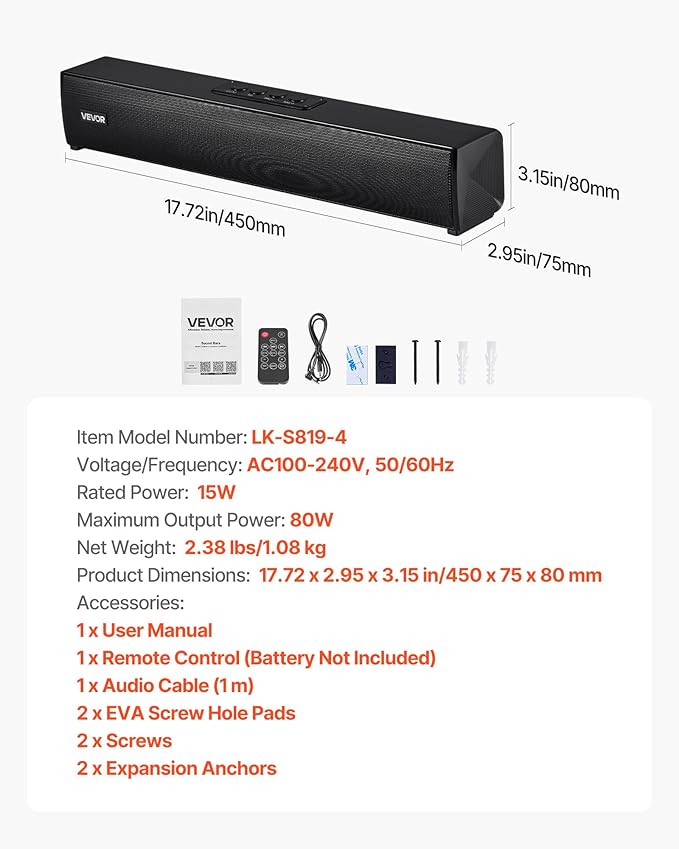 VEVOR Sound Bar for Smart TV, 2.0 Channel, 17-Inch Compact Soundbar TV Speakers for Projector, Bluetooth AUX Connection, Remote Control, Easy Setup, 80W Surround Sound System for PC Home Theater Audio