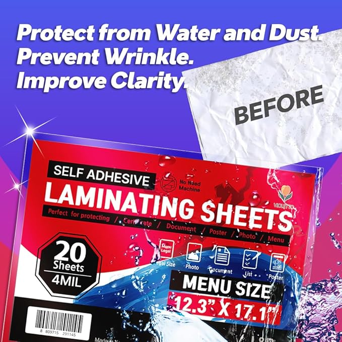 Self Adhesive Laminating Sheets 12.3x17.1 inches, 20 Pack, 4mil Thickness, No Heat or Machine Needed, Waterproof, Self Sealing, Easy Peel and Stick, Heavy Duty Clear Glossy Finish, by VIOLETTO
