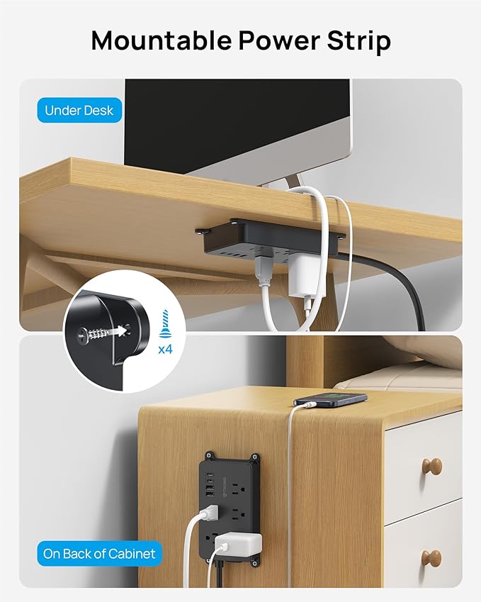 TROND Power Strip Surge Protector, 5 Widely-Spaced Outlets with 2 USB A and 2 USB C, ETL Listed, Wall Mountable, Flat Plug 5ft Extension Cord, 1300J, 14AWG Heavy Duty, for Office Kitchen, Black