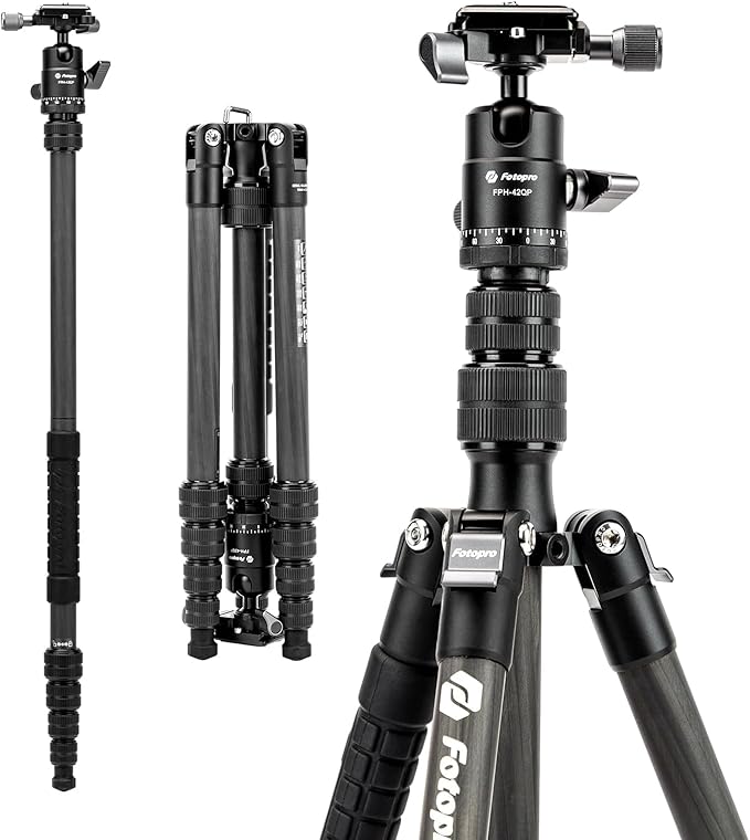 Fotopro 60inch Carbon Fiber Tripod Compact Camera Tripod with Ball Head Quick Release Plate Detachable Monopod Load up to 17.63lbs X-go E 2 Carbon Fiber Black