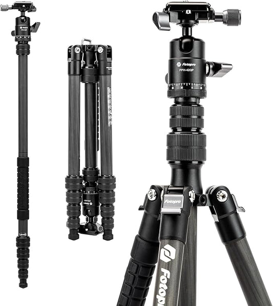 Fotopro 60inch Carbon Fiber Tripod Compact Camera Tripod with Ball Head Quick Release Plate Detachable Monopod Load up to 17.63lbs X-go E 2 Carbon Fiber Black