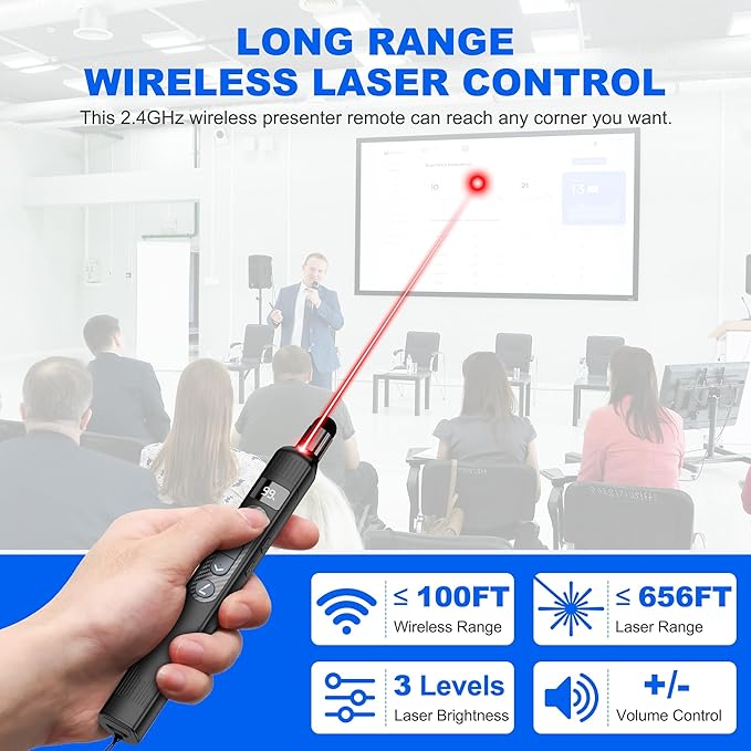 Wireless Presentation Clicker with Telescopic Pointer Stick,Rechargeable Presenter Remote Light Pointer with Touch Screen Stylus Pen and Digital Display,USB Slide Clicker for PowerPoint MAC PC Laptops