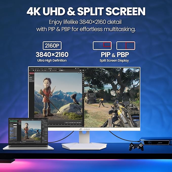 CRUA 27” Gaming Monitor, IPS UHD 3840x2160 4K 160Hz / FHD 320Hz Dual Mode White Computer Monitor, Rotating/Pivot & Height-Adjustable, AMD FreeSync, Built-in Speakers, PIP/PBP, HDMI 2.1 & DP 1.4
