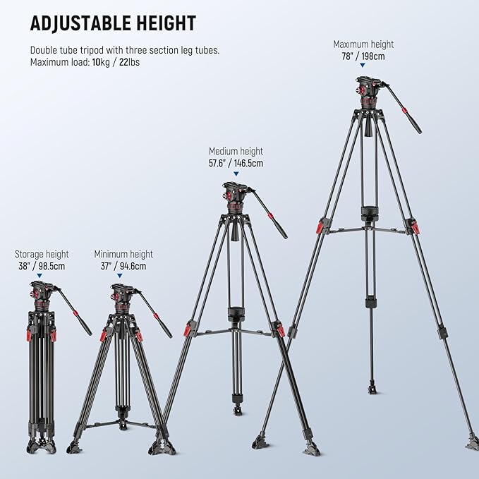 NEEWER 78" Video Camera Tripod Carbon Fiber with Damping Adjustable Fluid Head, One Step Quick Release, QR Plate/Handle/Cleaning Cloth, Heavy Duty Tripod Stand for DSLR Camcorders, Max Load 22lb, LL37