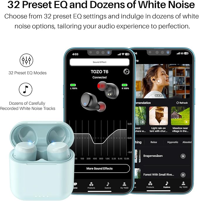 TOZO T6 Wireless Earbuds, IPX8 Waterproof Ear Buds, Stereo Bass Sound Bluetooth 5.3 Headphones in Ear, 50 Hours Playtime Earphones, Wireless Charging Case, Custom 32 EQ via APP