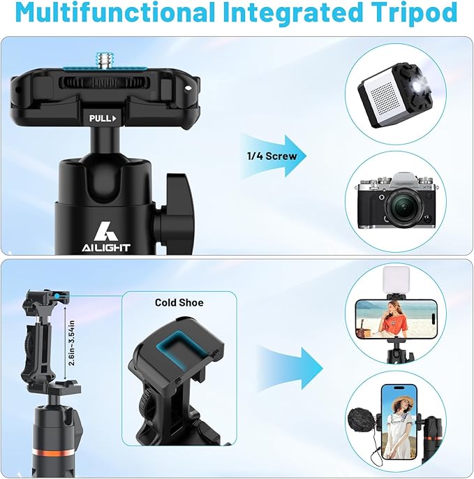 Ailight 60" Extendable Travel Tripod & Selfie Stick with Cold Shoe & Wireless Remote, 360° Ball Head for Vlogging - Lightweight Phone Tripod for iPhone