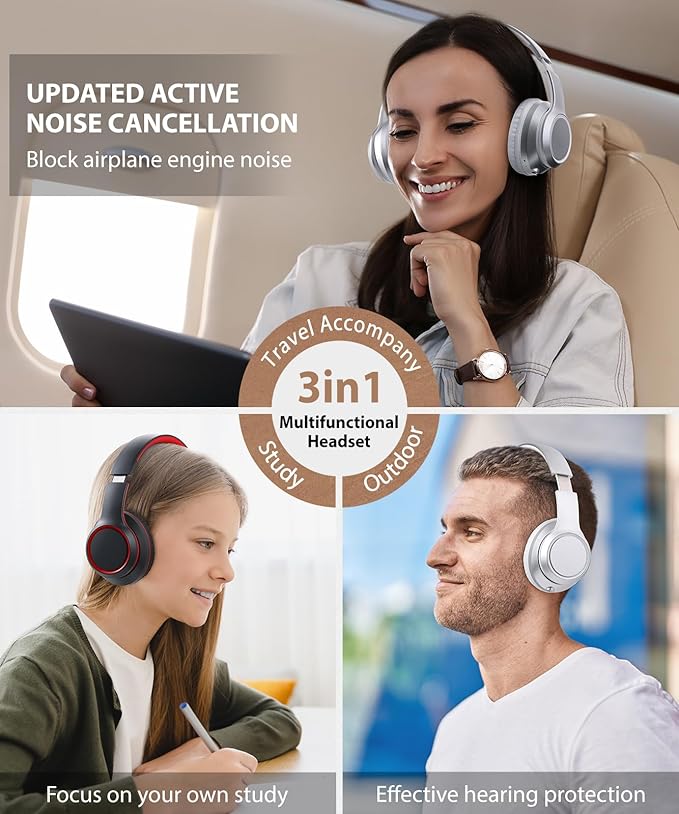 rockpapa E8 Over The Ear Bluetooth Headphones with Microphone for Kid Children Boy Girl Youth Teen Adult, Foldable Wired/Wireless Headphones with Mic, Include Travel Case, Silver