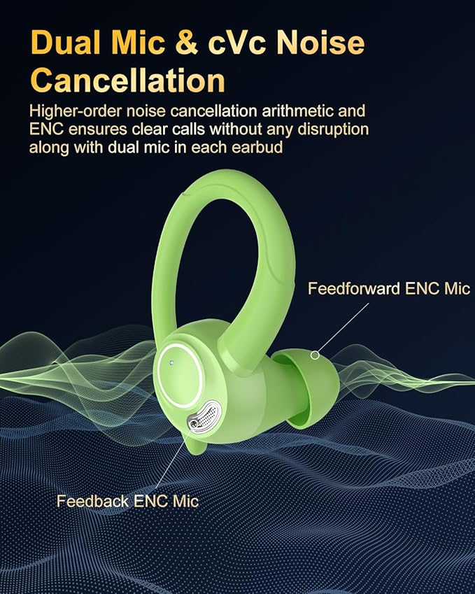 Wireless Earbuds, Bluetooth 5.4 Headphones Sport, Over Ear Buds With ENC Noise Cancelling Mic, 48H, Wireless Earphone With Earhooks, Stereo Deep Bass, IP7 Waterproof ear bud for Workout Running, Green
