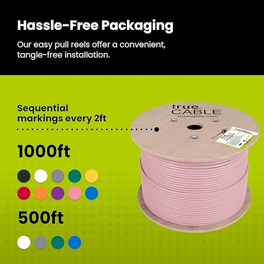 TRUE CABLE Cat6 Shielded Riser (CMR) Bulk Ethernet Cable, 1000ft, Pink, 23AWG Solid Bare Copper, 550MHz, Overall Aluminum Foil Shield (F/UTP), PoE++ 100W, ETL Listed