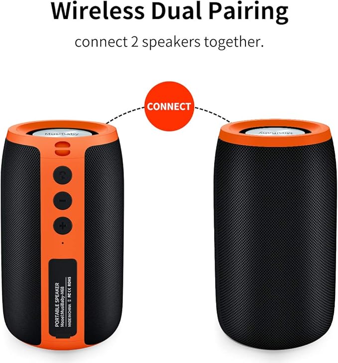 Bluetooth Speaker,MusiBaby Speakers Bluetooth Wireless,Waterproof,Outdoor,Portable Speaker with Stereo Sound,Booming Bass,Dual Pairing,Bluetooth 5.3,24H Play,Speaker for Home,Party,Travel,Gifts-Orange