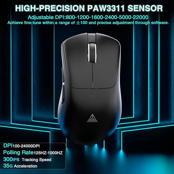 SM805 Lightweight Wireless Gaming Mouse,24000 DPI,Tri-Modes Connection,BT5.0/Type-C Wired/2.4G Wireless Mouse Gaming with 2 Side Buttons, Engineering Grip Custom Mouse for Gamer,Black