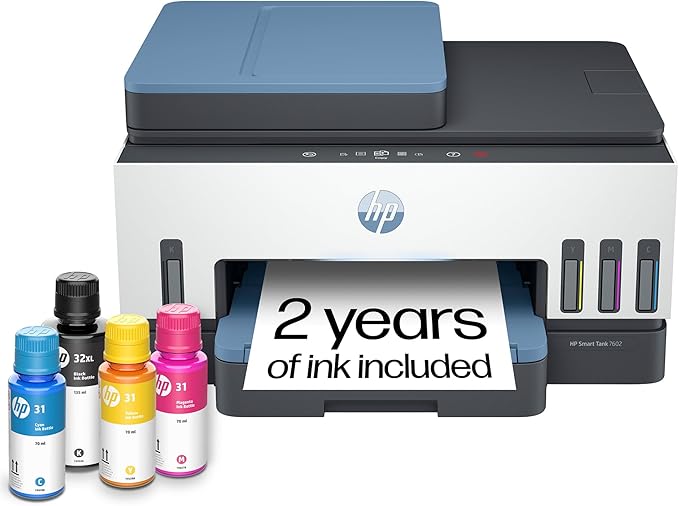 HP Smart Tank 7602 Wireless All-in-One Ink Tank Printer, Scanner, Copier with 2 years of ink included, Best-for-home office, Refillable, AI-enabled (28B98A)