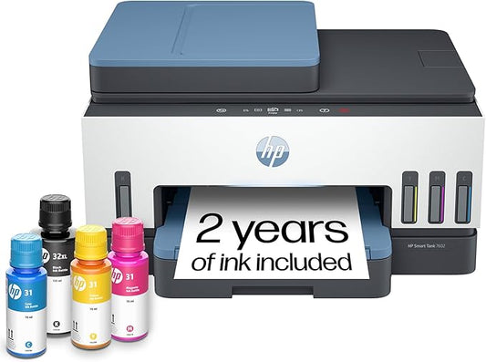 HP Smart Tank 7602 Wireless All-in-One Ink Tank Printer, Scanner, Copier with 2 years of ink included, Best-for-home office, Refillable, AI-enabled (28B98A)