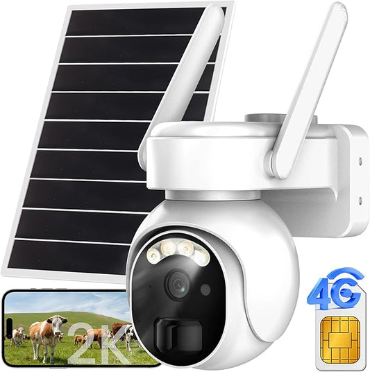 4G LTE Security Cameras Wireless Outdoor, 2K Solar Cellular Security Camera, No WiFi Security Camera, Off Grid With 360° Live View, Color Night Vision, PIR Motion Alerts, 2 Way Talk, Built-In SIM Card