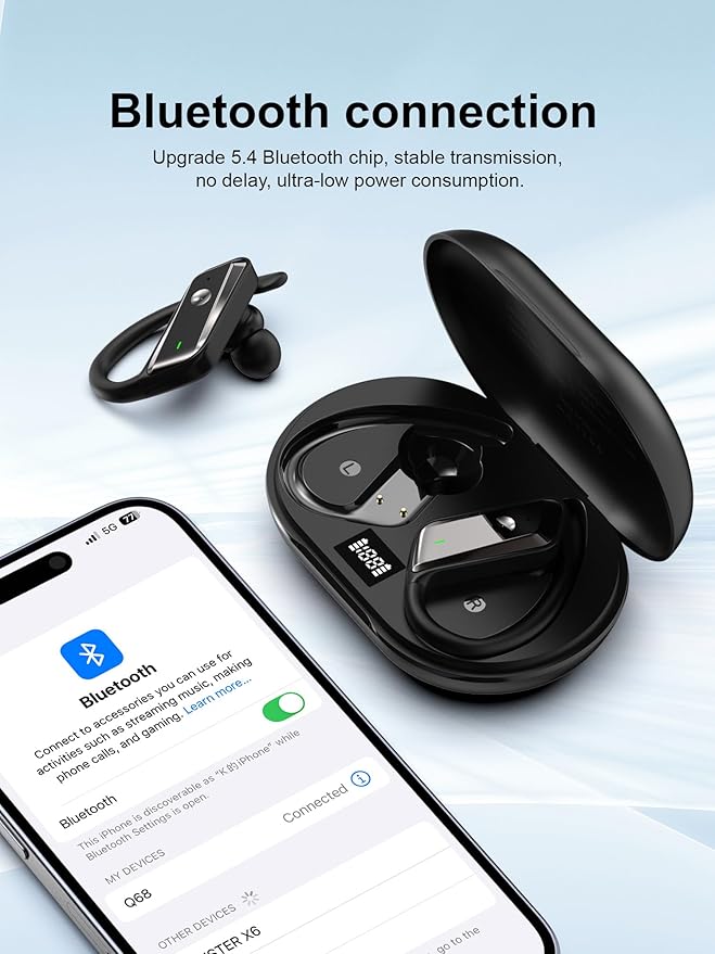 Wireless Earbuds Bluetooth 5.4 Headphones 53H Playtime Sport Earphones with LED Display,Over-Ear Buds Built in Mic in Ear Waterproof Headset for Workout Running Gaming - Blue