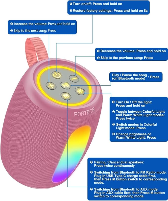 Bluetooth Speaker Portable Wireless, Powerful Stereo Sound with Lights, IPX5 Waterproof, TWS Pairing, Small Speaker for Outdoor Camping Beach Home Travel, Electronics Gift for Him Her Birthday Holiday