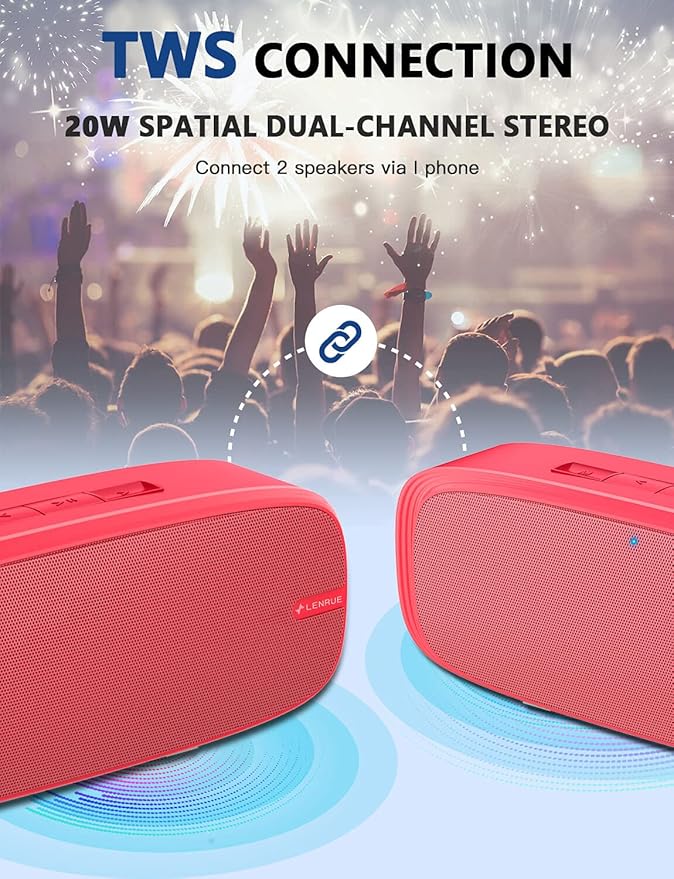 LENRUE Bluetooth Speaker, Wireless Portable Speaker with Loud Stereo Sound, Rich Bass, 12-Hour Playtime, Built-in Mic. Perfect for iPhone, Samsung and More (Red)