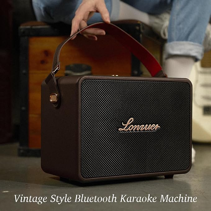 18000mAh Rechargeable 120W Loud Bass Retro Portable Karaoke Machine Bluetooth Speaker with 2 Wireless Microphones AUX Guitar Input for Adults (Brown)