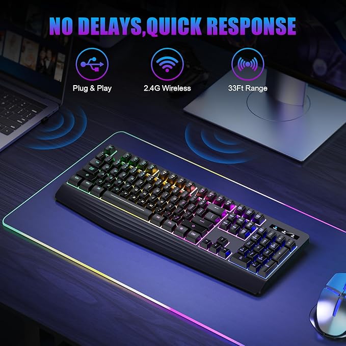 Wireless Gaming Keyboard, RGB & Single-Color Backlit, Full-Size Waterproof Computer Keyboard, Silent Keys, Wrist Rest, Sleep Mode, Rechargeable 2.4G Wireless Keyboardfor Windows, Mac, PC, Laptop