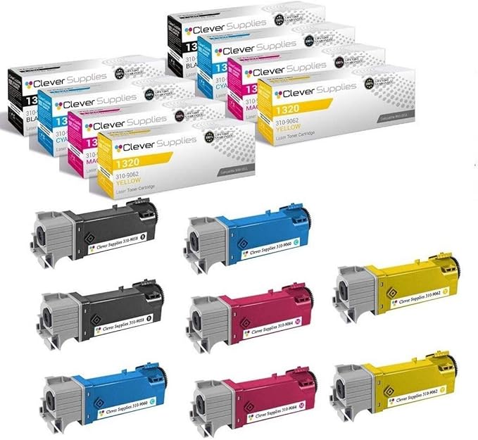 CS Replacement Toner Cartridge Compatible with Dell 1320 310-9058 Black 310-9060 Cyan 310-9062 Yellow 310-9064 Magenta 1320 1320c 2000 Each Page Yield 8 Color Set