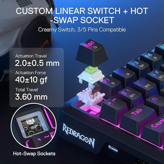 Redragon K724 PRO Wireless Gasket Gaming Keyboard w/Hype Screen & Knob, 81-Key Mechanical Keyboard, Easy-Control 1.14’’ TFT Info Display, 5-Layer Noise Dampening, Custom Linear Switch