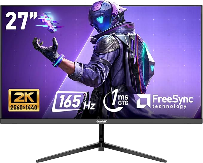 27 inch 2K QHD(2560×1440) PC Screen, 165Hz Gaming Monitor, 1ms Without Bezel, FreeSync,98% sRGB, 178° Wide Viewing Angle,Display 1.4、Port HDMI2.0, Wall Mount Compatible 75 * 75MM- Black