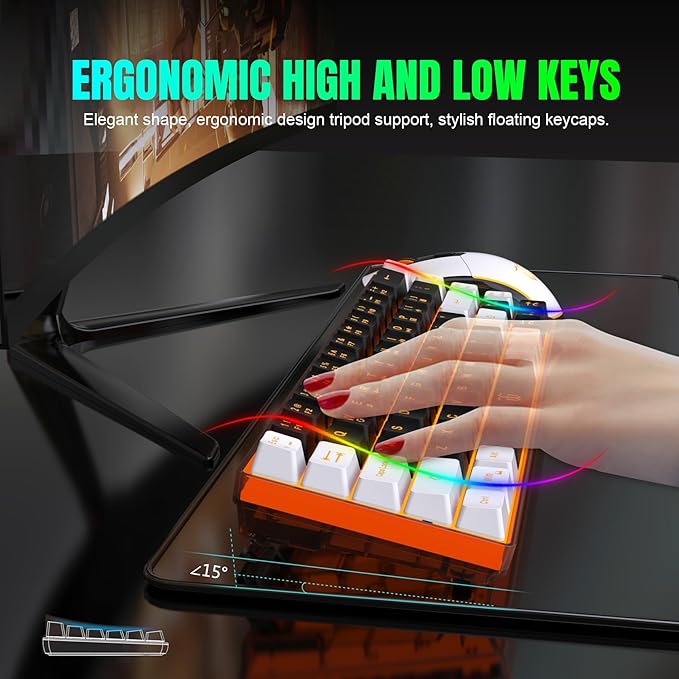 Snpurdiri 60% Wireless Gaming Keyboard and Mouse Combo,Orange Backlit Rechargeable 2000mAh Battery,Mini Mechanical Feel Anti-ghosting Keyboard + Popular RGB Mice for Gaming, Office(Black-White)