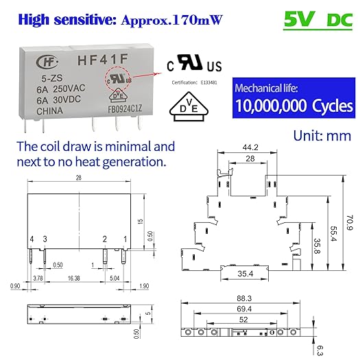 20Pcs Miniature 5 Volt DC Relay 1NO 1NC 6Amp SPDT with LED Indicator, Socket Base and DIN Rail Module