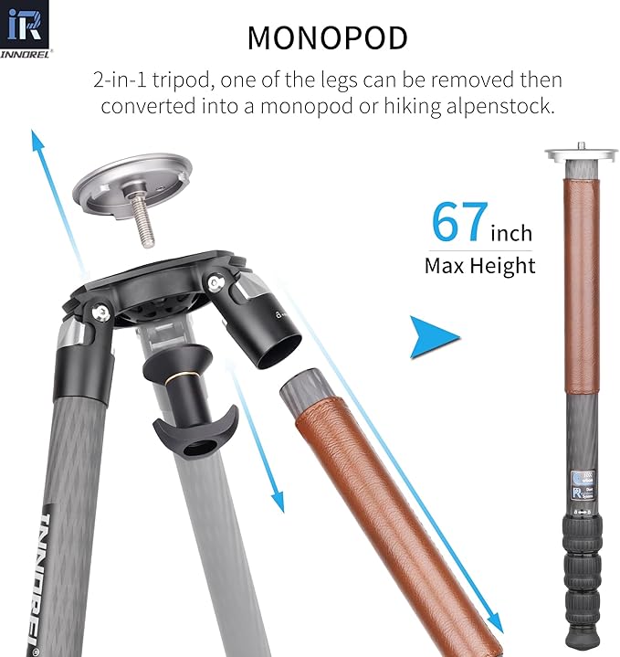 Carbon Fiber Tripod-INNOREL ST344C Professional Heavy Duty Camera Stand Monopod with 75mm Bowl Adapter Tube Leg 34.4mm,Max Load 30kg for DSLR Travel Shooting with ER31C Center Column add Camera Strap