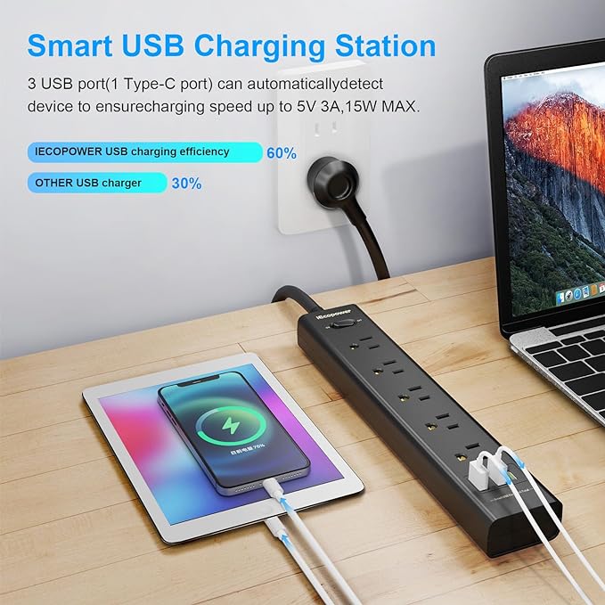 Surge Protector Power Strip 15 ft Cord-5 Widely Spaced Outlets 3 USB Ports(1 USB C Port),Power Strip Long Cord(1250W/10A),Power Strips with Surge Protection, Wall Mount for Home Office,Black(2 Pack)