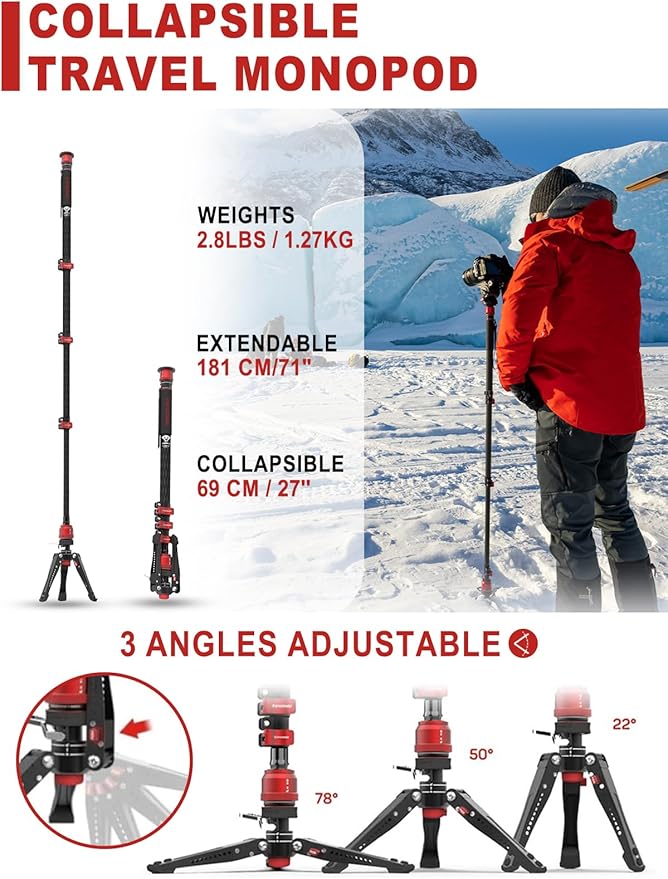 IFOOTAGE Cobra 3 Monopod Camera Stand with Pedal C180F-P, 71" Monopod for Camera Carbon Fiber, Compatible with Sony Canon Nikon DSLR Camera, Payload 17.64Lbs/ 8KG