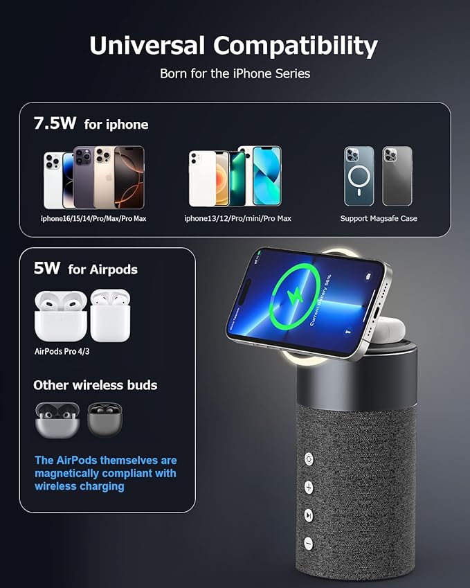 COLSUR Bluetooth Speaker, Magnetic Wireless Charger, Bluetooth Speakers with Night Light, 2 in 1 Wireless Charging Station for iPhone 16/15/14/13/12 Series, AirPods Pro 4/3（Gift Ideal）