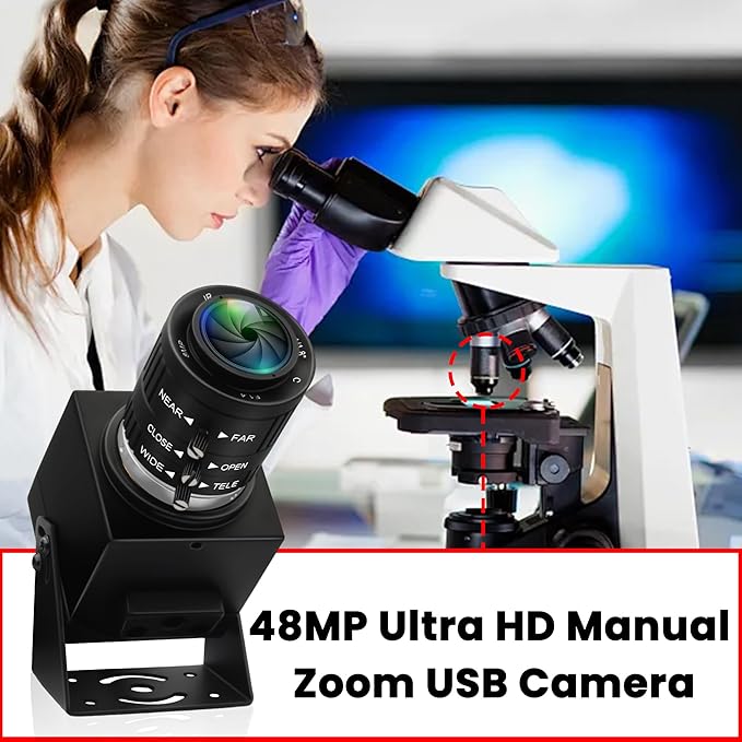 USB Camera 48MP Webcam 8K Ultra HD USB Webcam 3.6-10mm 3X Manual Zoom Lens for Computer Lightburn Close up Cam for Laser Engraver Plug and Play for Document Scanning Face Recognition