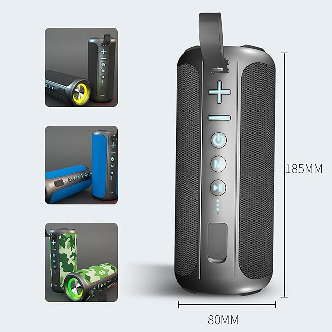 Portable Bluetooth Speakers, Multifunctional 20W Outdoor Waterproof High-Power Bluetooth Speaker with Dual Speakers, Bass Boost, IPX6 Water Resistance, RGB Lighting, & 2400mAh Battery (Black)