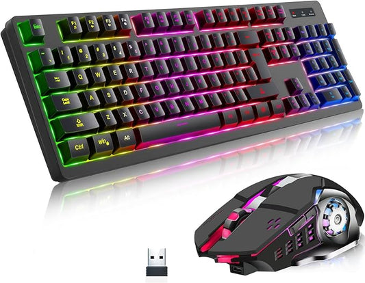 Wireless RGB Gaming Keyboard and Mouse - Rechargeable RGB Backlit,Long Battery Life,Mechanical Feel,7 Color Gaming Mouse for PC Game and Work