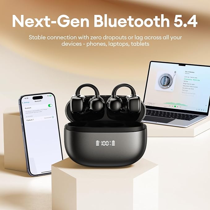 PAXA Clip On Earbuds, Clipbuds7 Open Ear Earbuds Wireless Bluetooth 5.4 with LED Display, Auto L-R Ear Recognition and Touch Control, Ultra-Light 4.5g Fit Comfort for Sports Fitness Daily Use, Black