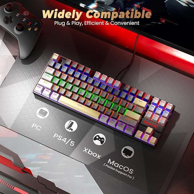 Redragon K552 Mechanical Gaming Keyboard, 87-Key Compact, LED Gaming Keyboard with Red Switches, Anti-Ghosting, Metal Frame for PC Gaming & Typing, Beginner-Friendly (Eclipse Gilded)