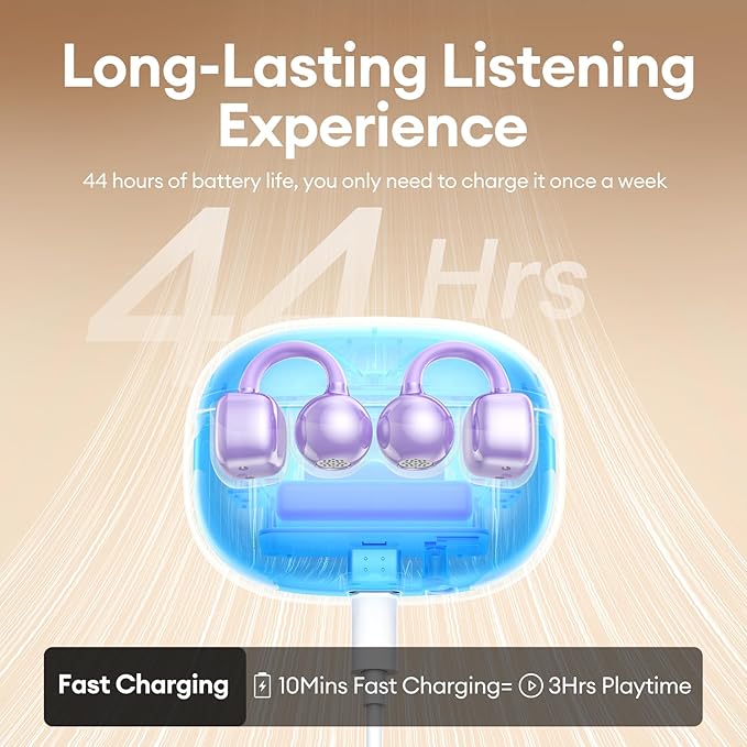 PAXA Clip On Earbuds, Clipbuds7 Open Ear Earbuds Wireless Bluetooth 5.4 with LED Display, Auto L-R Ear Recognition and Touch Control, Ultra-Light 4.5g Fit Comfort for Sports Fitness Daily Use, Purple