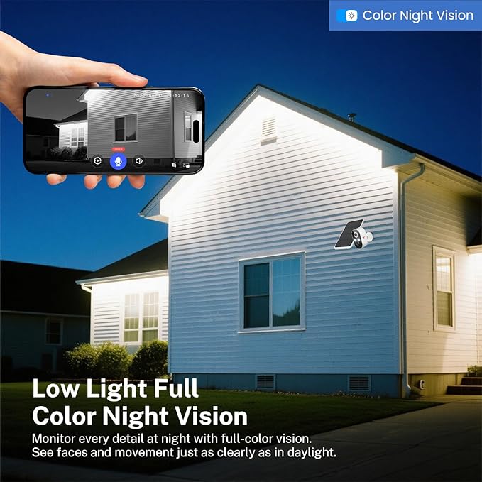 1080p Wireless Security Camera with Solar Panel, 2.4GHz Wi-Fi, Color Night Vision, Home Security System, PIR Motion Detection, 2-Way Talk, Outdoor Surveillance Bullet Cam (1 Pack)